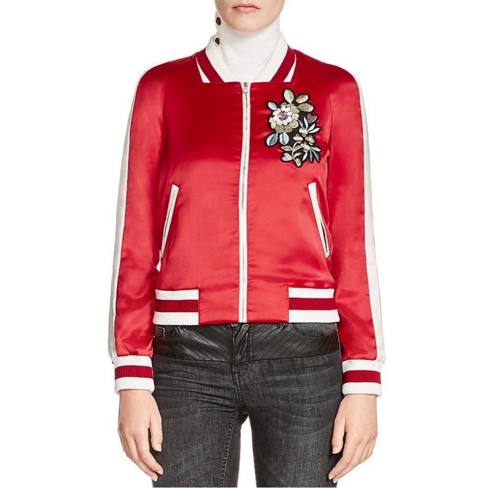 Maje Embroidered Satin Bomber Jacket